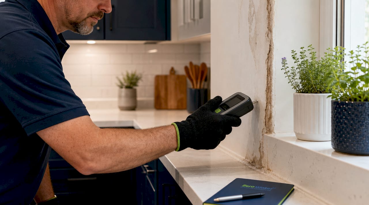 Technician using moisture meter on drywall