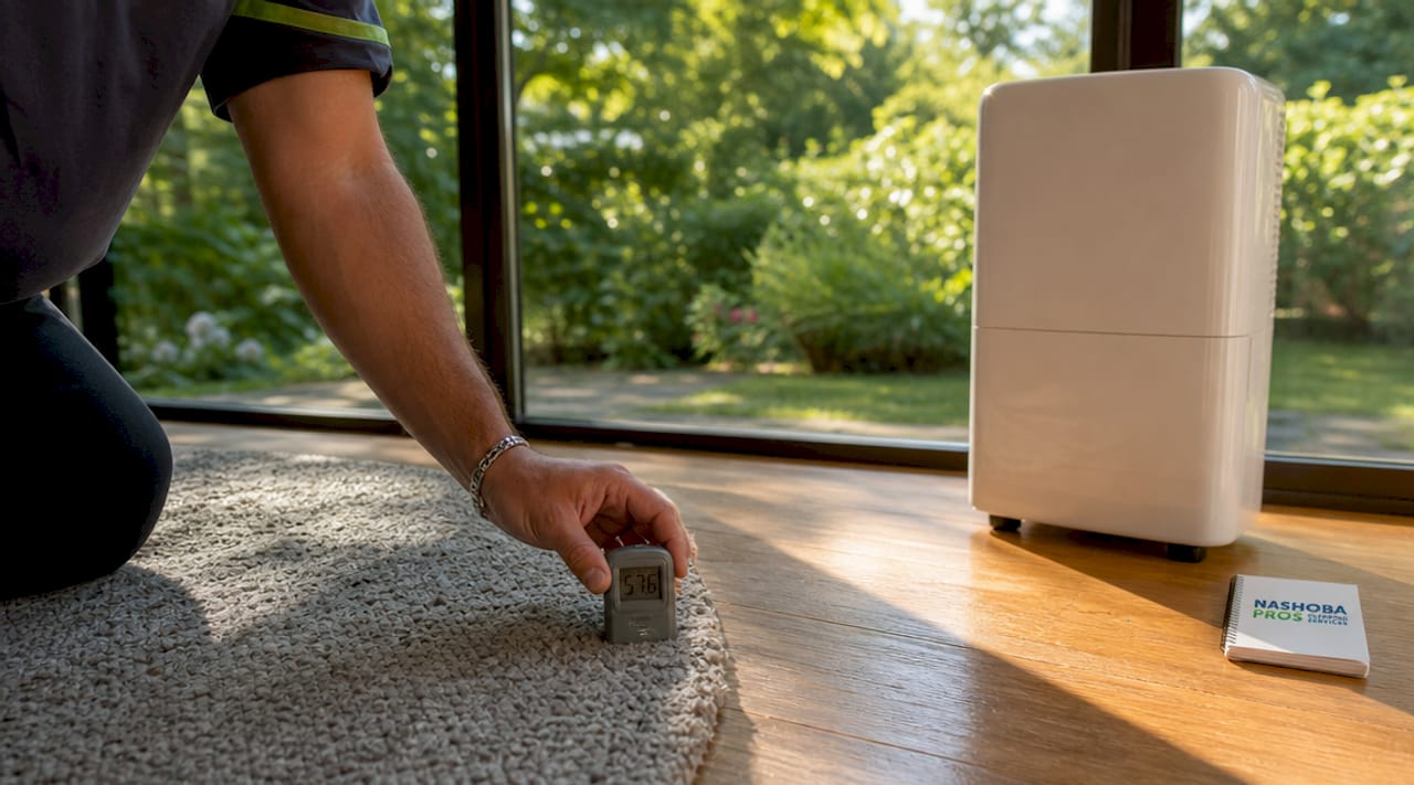 Hand measuring carpet humidity indoors