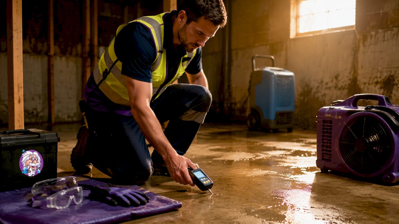 Technician measuring moisture in damaged basement floor