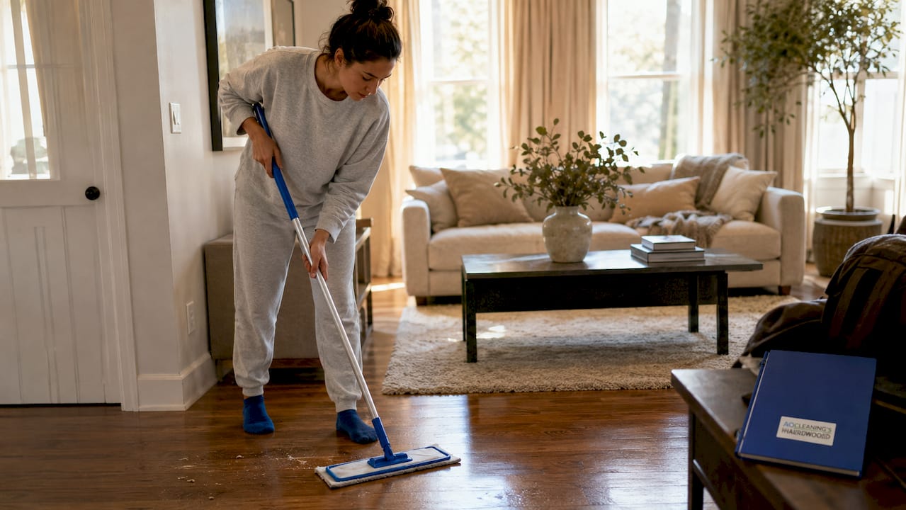 Woman sweeping hardwood kitchen floor with microfiber mop