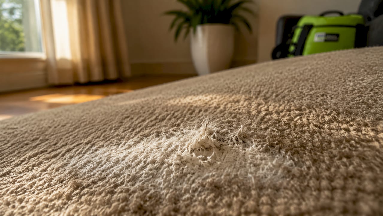 Close-up of damaged synthetic carpet fibers