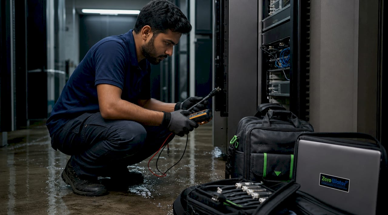 IT technician inspecting flooded server room