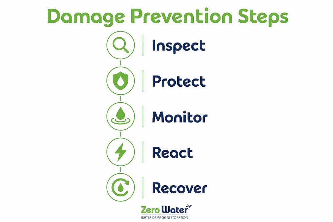 Infographic showing five steps of water damage prevention