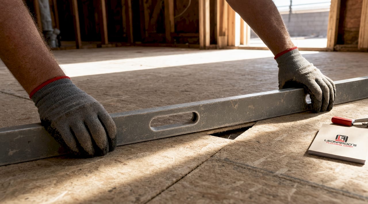 Hands checking floor flatness with level
