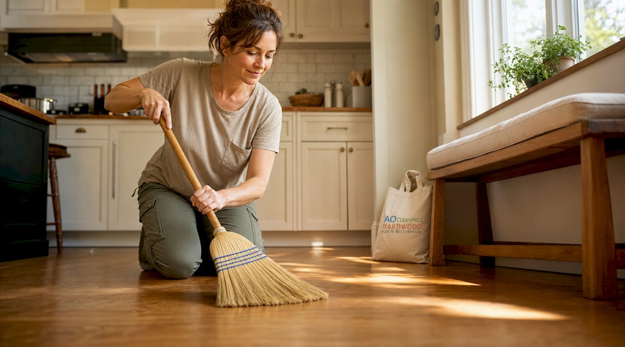 Woman sweeping hardwood floor in Oakville home