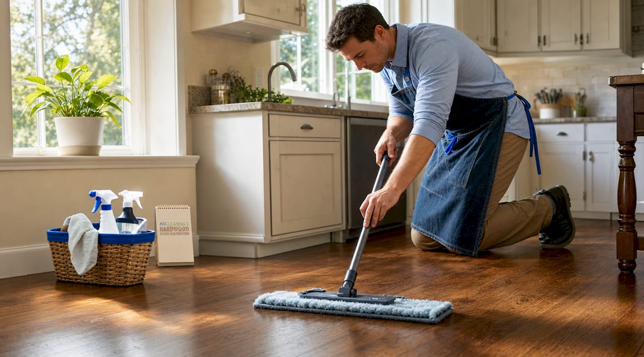 Close-up of microfiber mop on hardwood floor