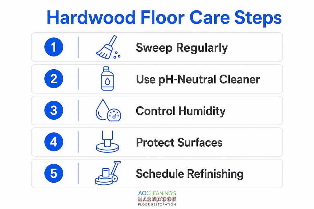 Infographic showing 5 key hardwood floor care steps