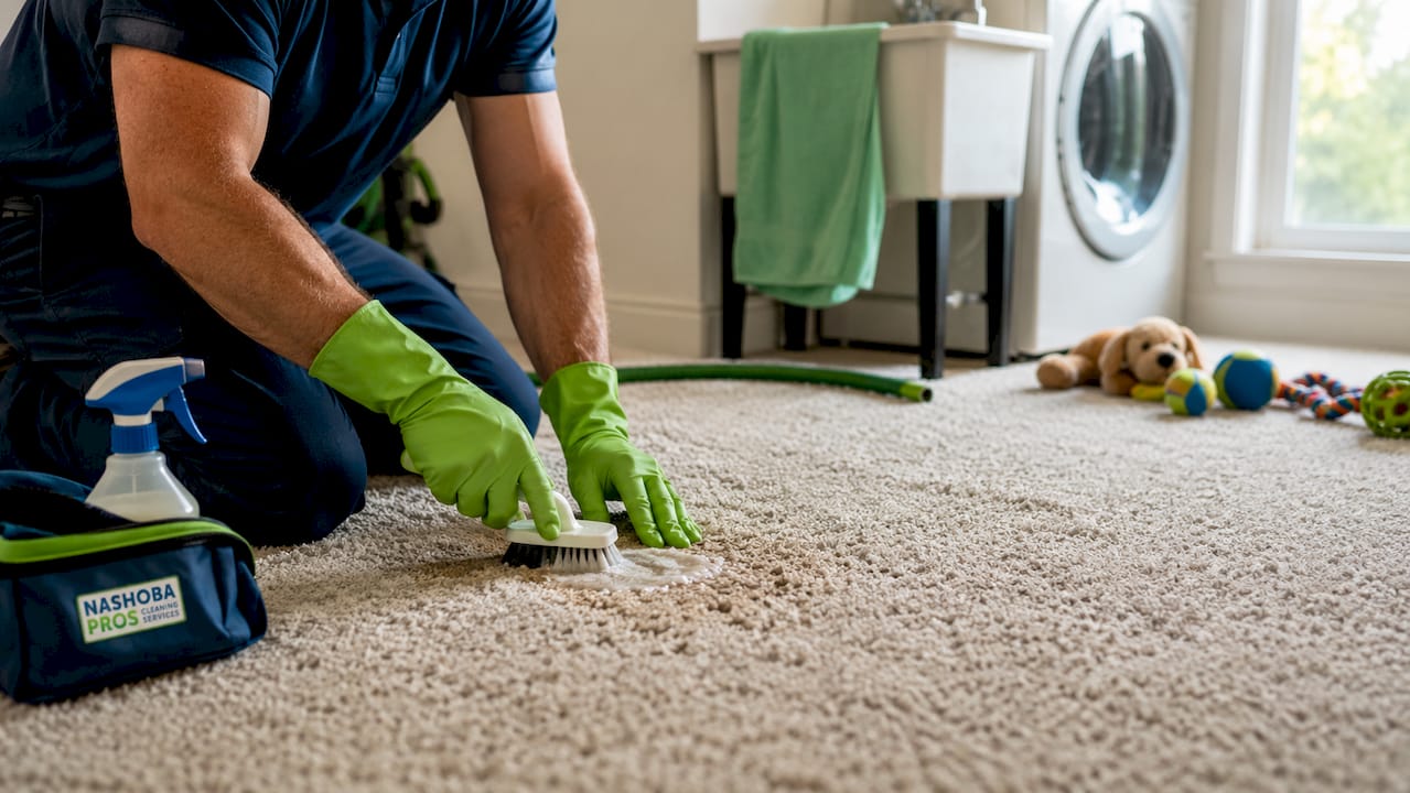 Hands cleaning pet stain on carpet