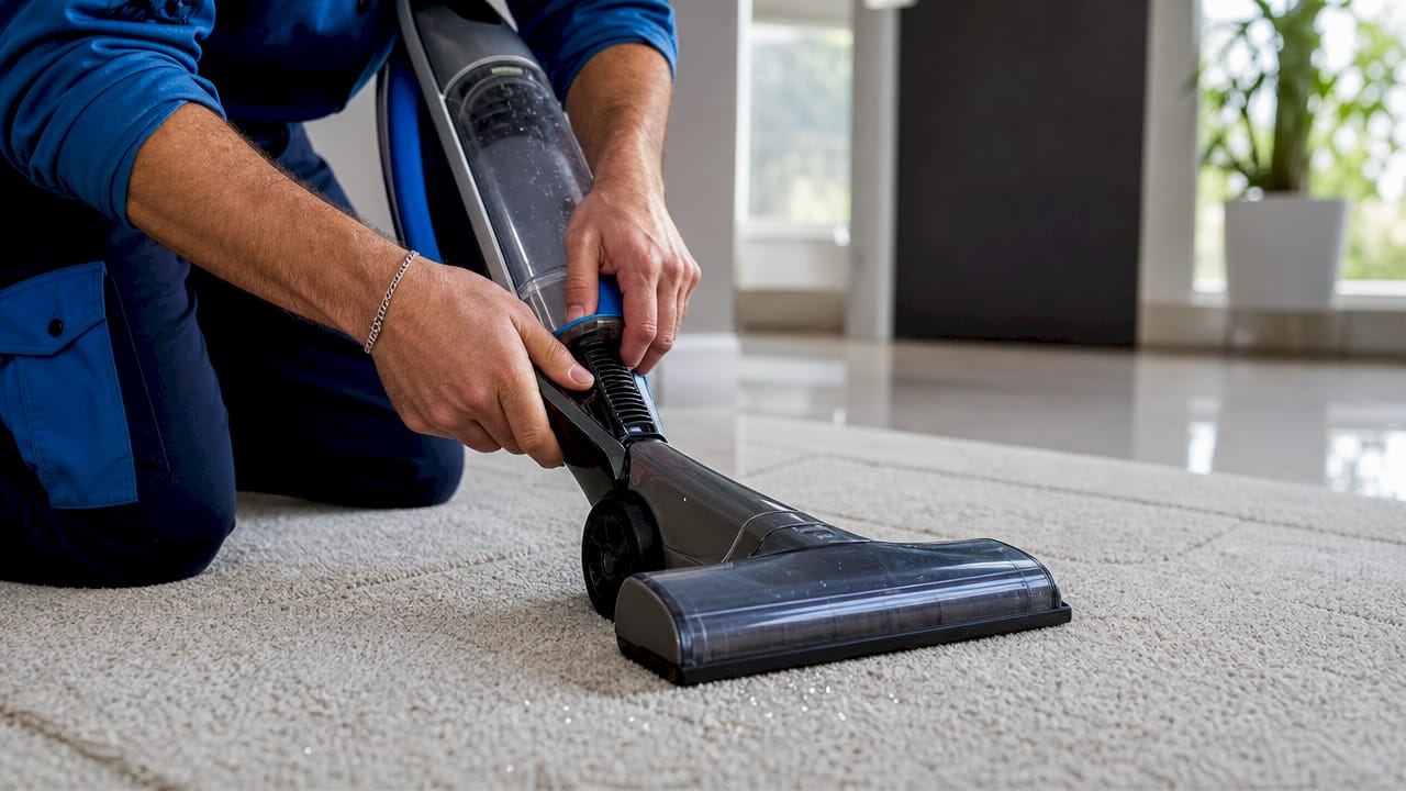 Hands vacuuming carpet after encapsulation