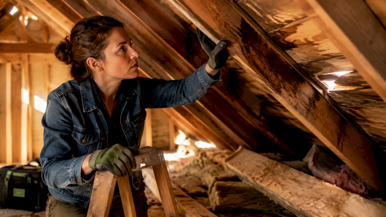 Home inspector examining attic water damage
