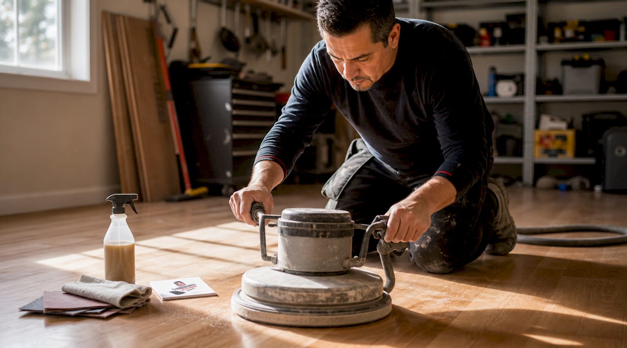 Hands holding orbital sander on wood floor