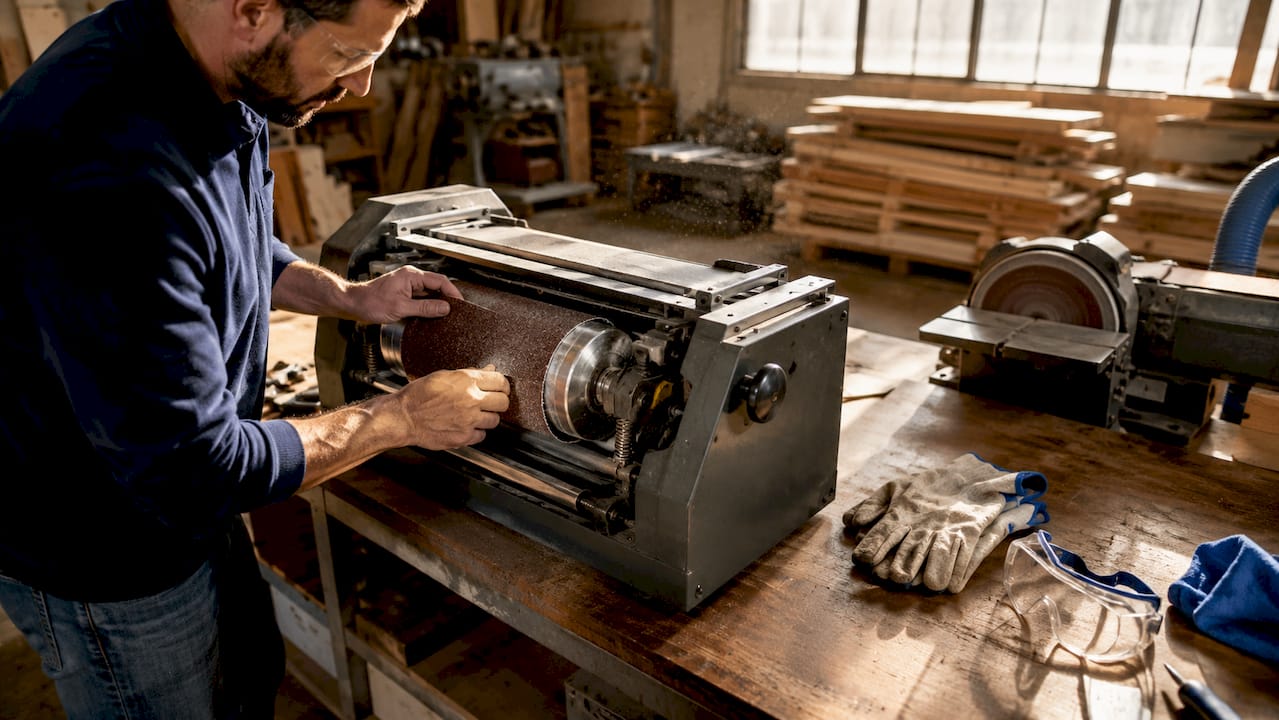 Hands adjusting sandpaper on drum sander in workshop