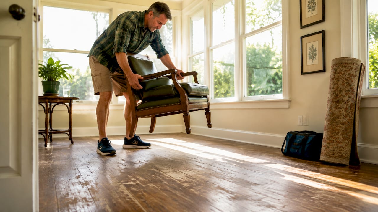 Homeowner removing furniture from hardwood floor room