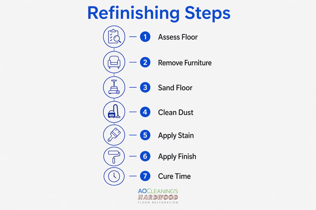 Infographic showing steps to refinish hardwood floors