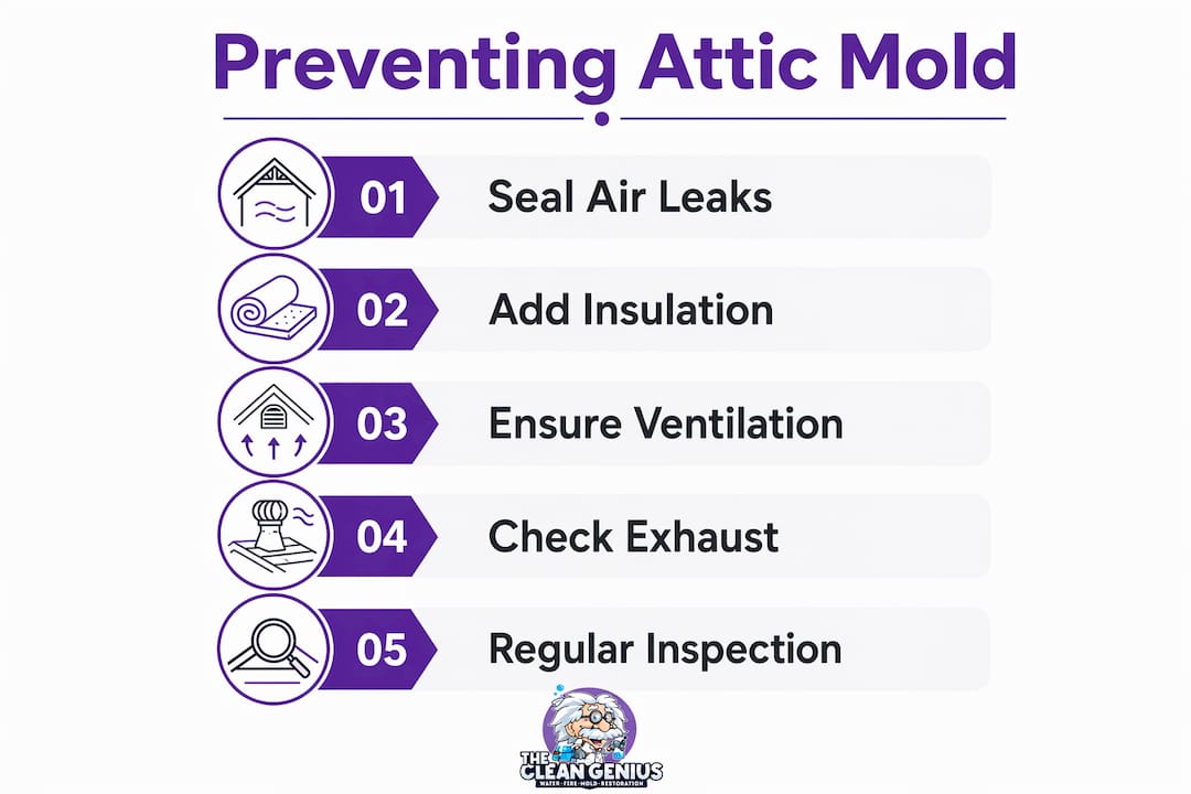 Infographic showing prevention steps for attic mold
