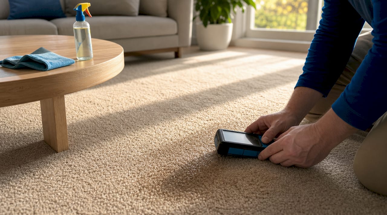 Close-up of carpet stain and moisture meter in high traffic area