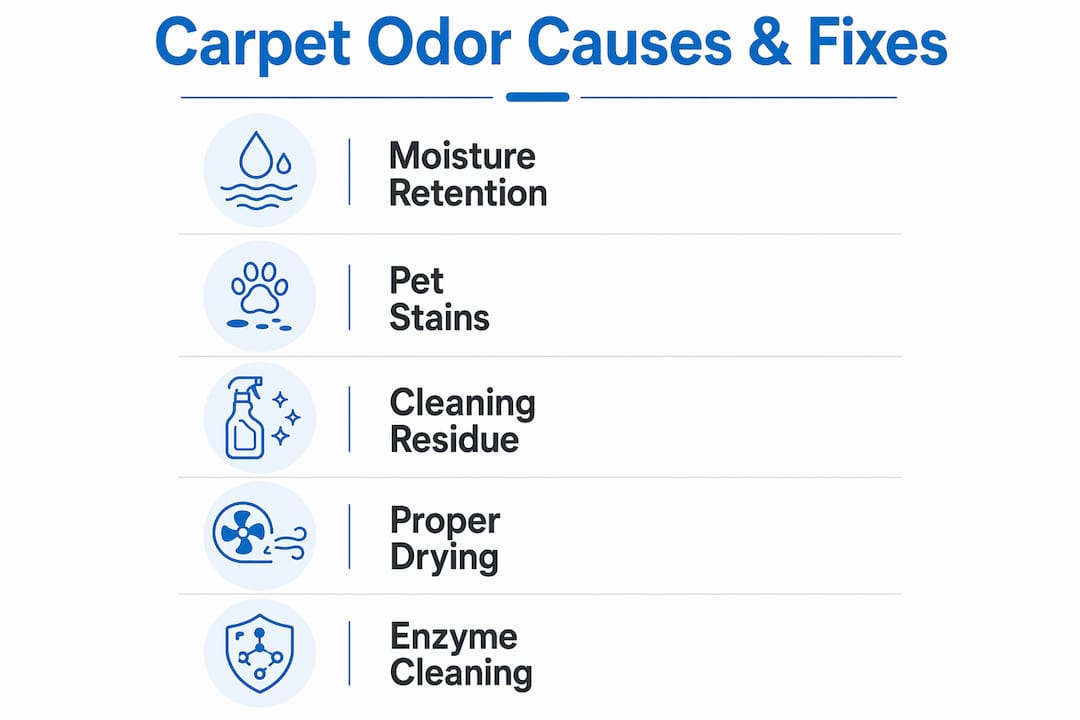 Infographic outlining causes and solutions for carpet odor after cleaning