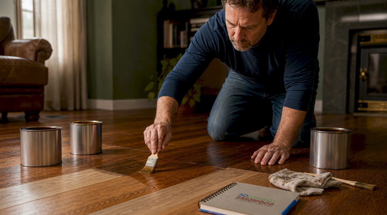 Homeowner testing hardwood floor finishes on floor