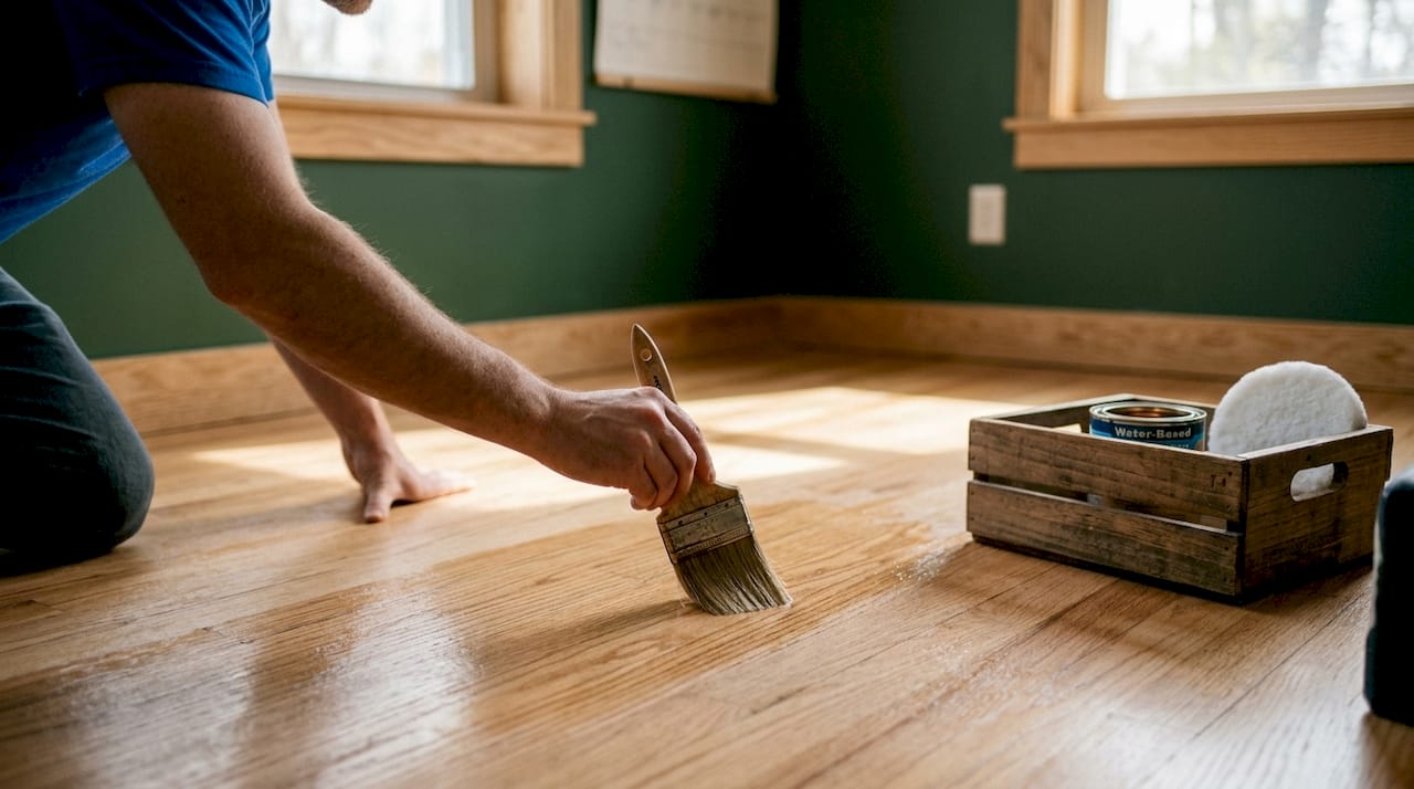 Hands applying water-based polyurethane finish on hardwood floor