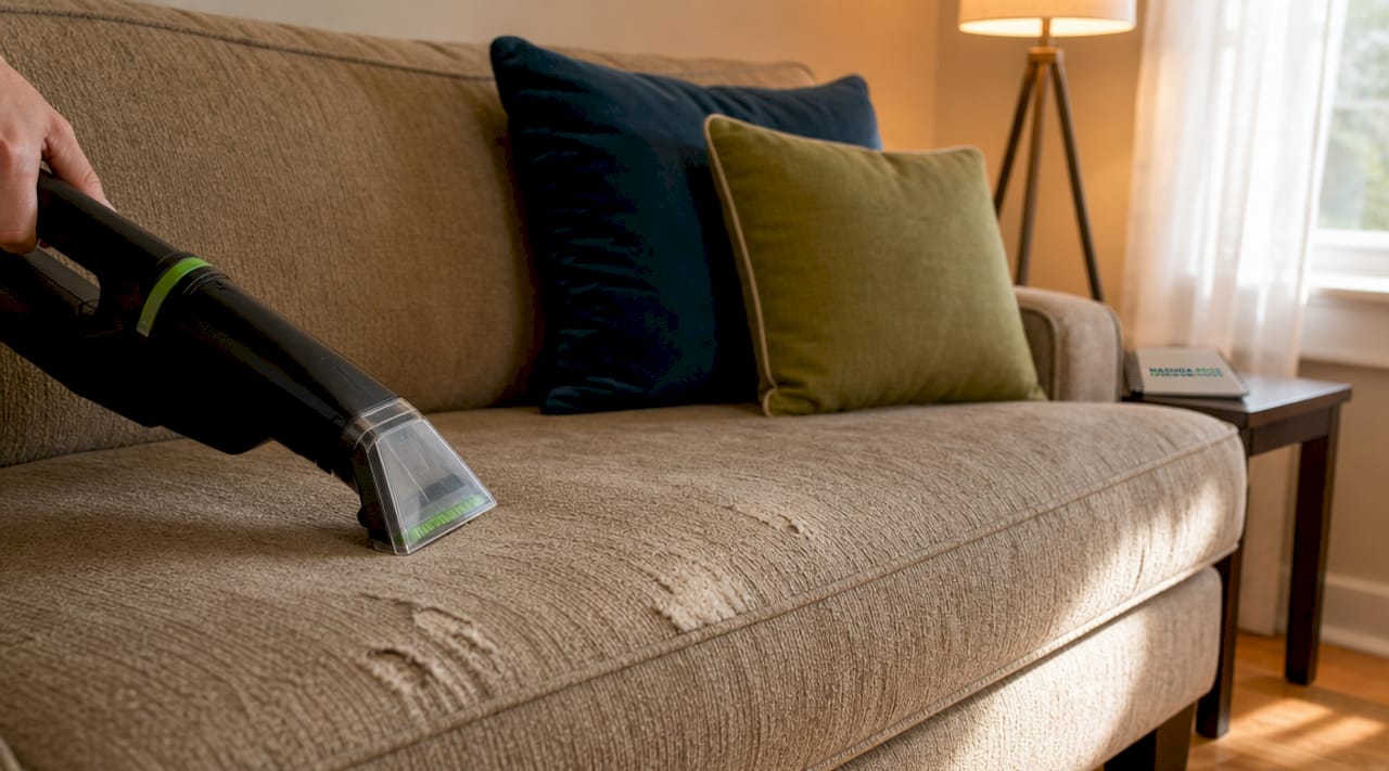Close-up vacuuming worn upholstery fabric