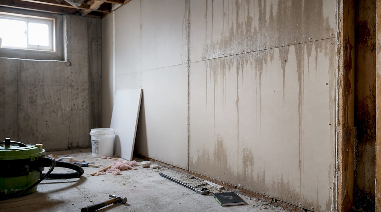 Close-up of water spread in drywall and wood framing