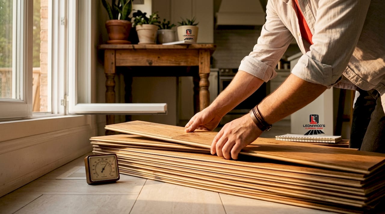 Hands adjusting hardwood planks with hygrometer