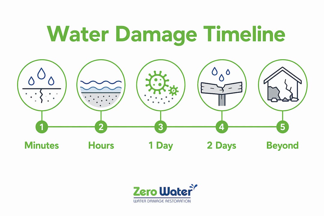 Infographic showing timeline stages of water damage progression