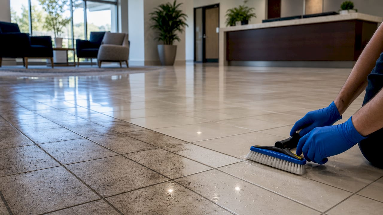 Close-up office tile floor before and after cleaning