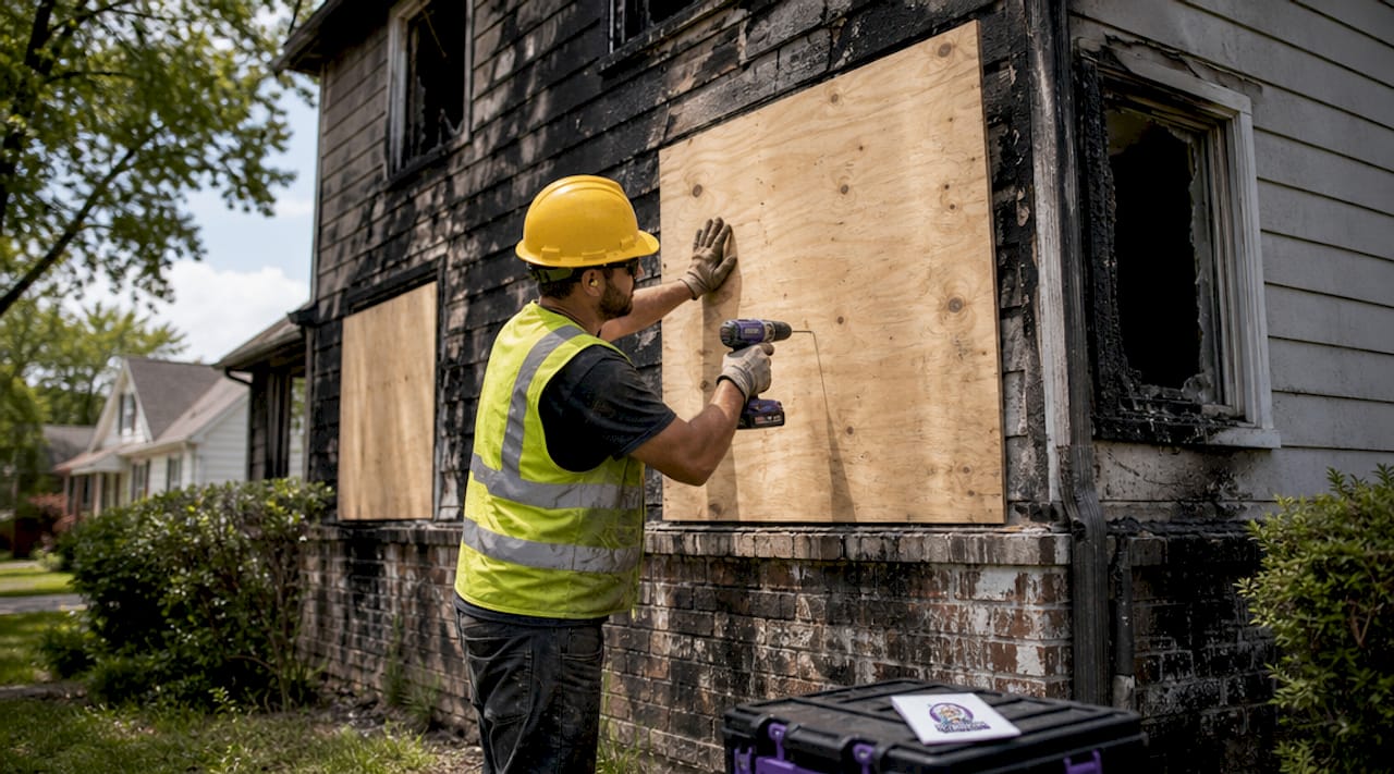 Technician boarding up fire-damaged house