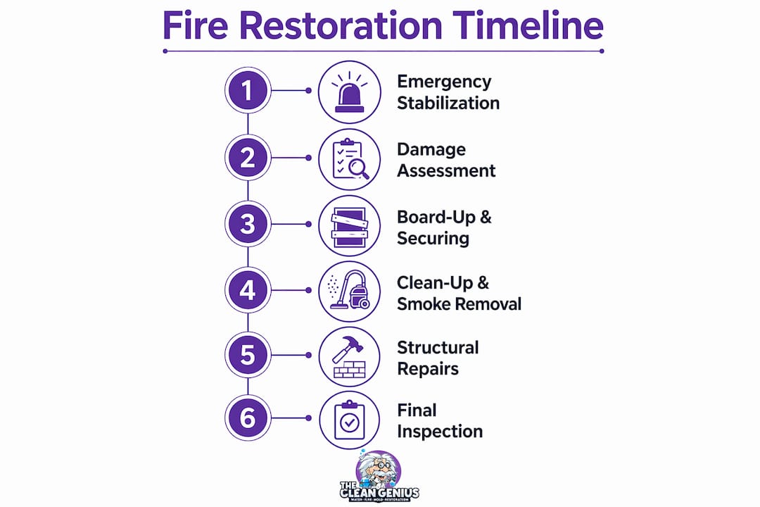 Infographic showing fire restoration timeline steps