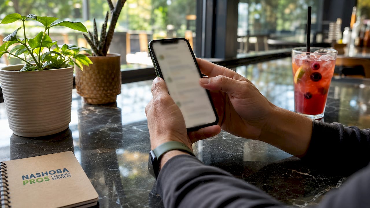 Hands scrolling carpet cleaning reviews on phone