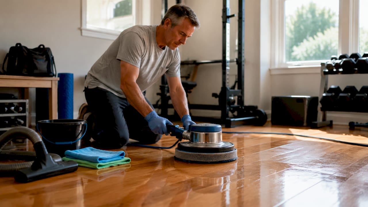 Person buffing hardwood floor with rotary machine