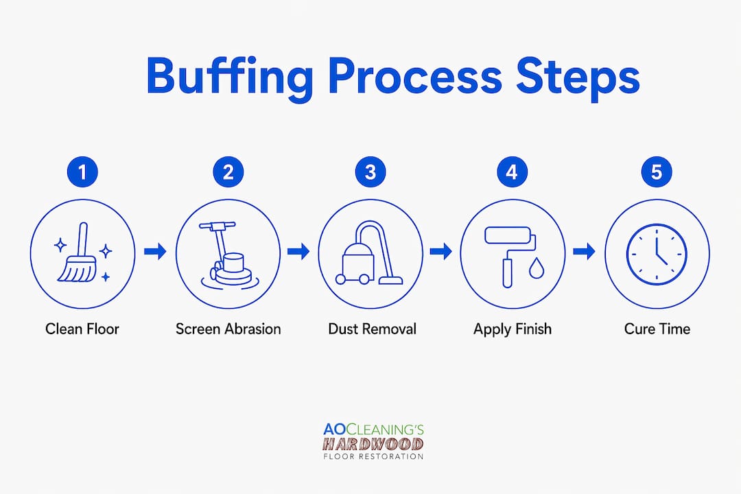Infographic illustrating step-by-step hardwood floor buffing