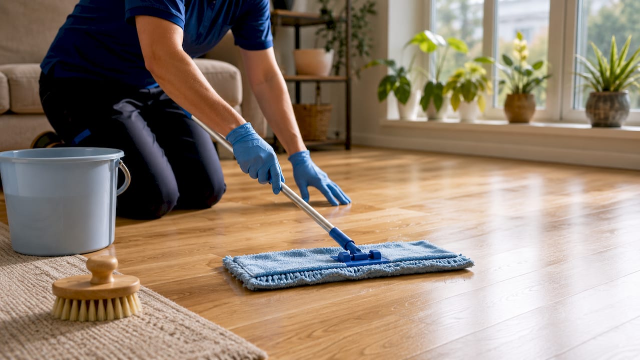 Hands cleaning hardwood floor with microfiber mop