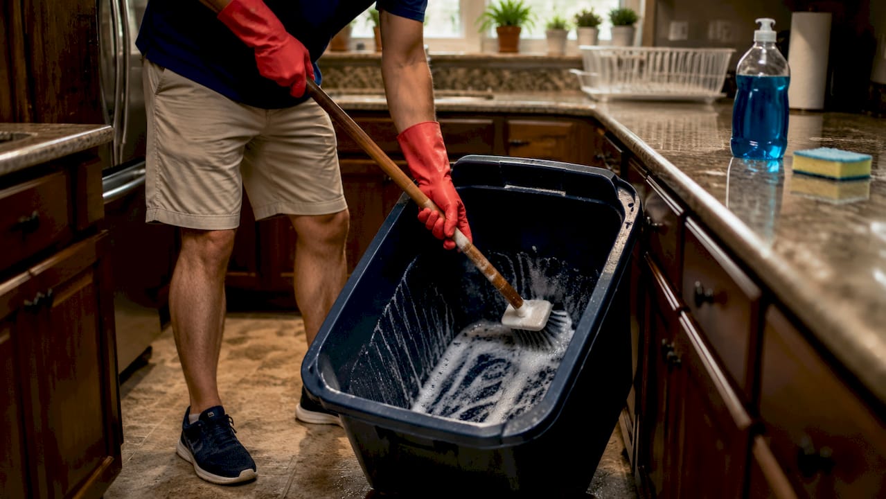 Person scrubbing trash bin interior outdoors