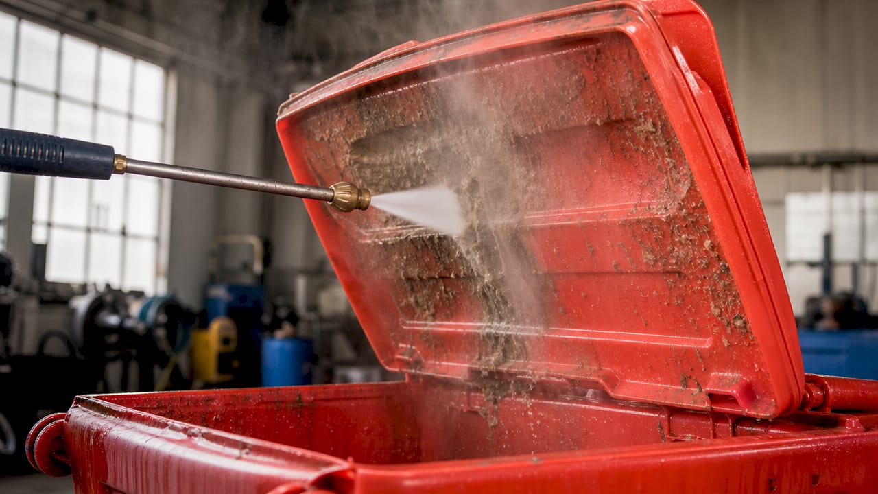 Close-up hot water jet cleaning bin grime