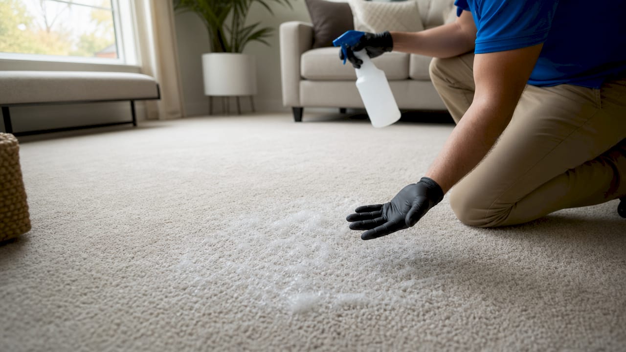 Close-up of detergent residue on residential carpet fibers