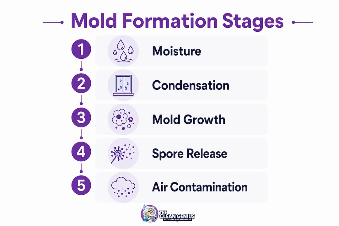 Vertical flow infographic of attic mold formation stages