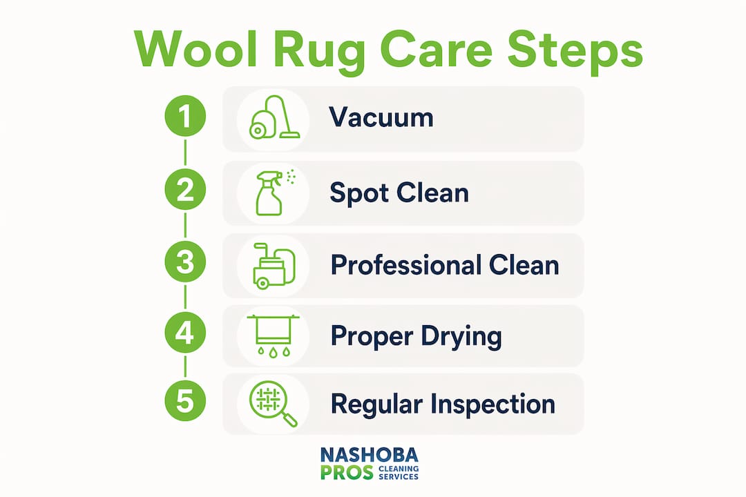 Infographic showing wool rug care step-by-step process