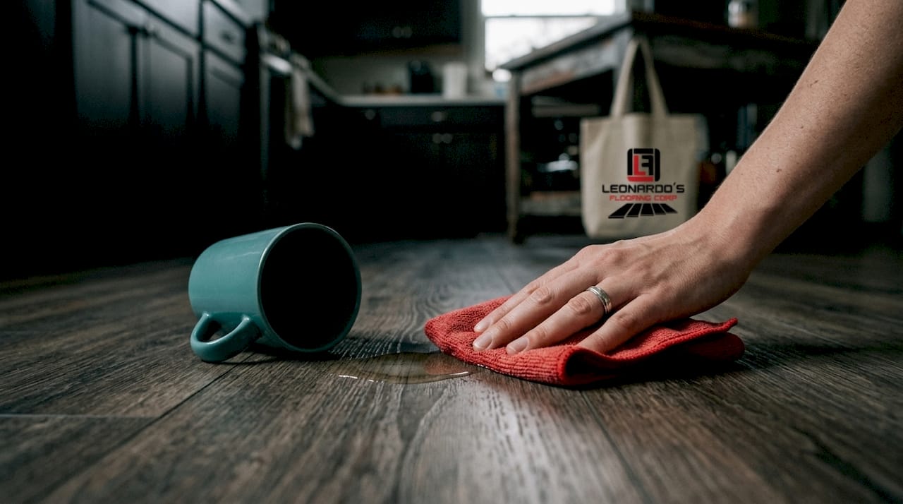 Hand wiping spill on water-resistant luxury vinyl plank floor