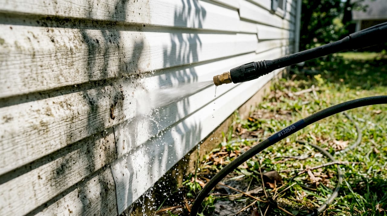 Pressure washer cleaning moldy wooden siding