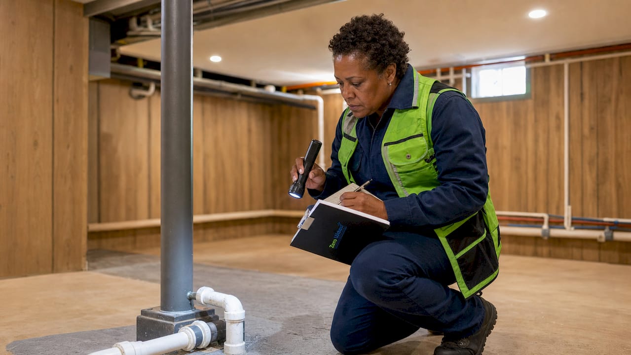 Inspector reviewing plumbing after restoration