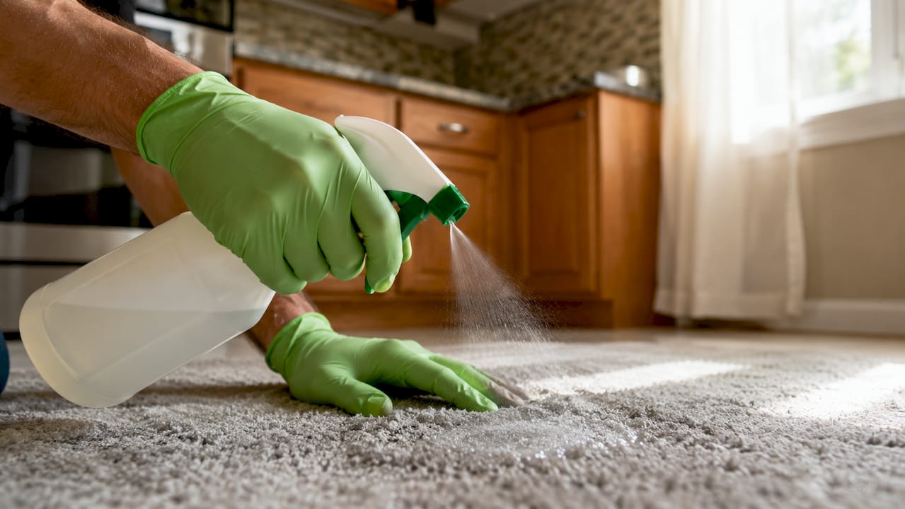 Hands spraying carpet preconditioning solution