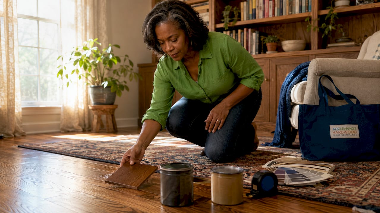Woman comparing wood stain samples on floor