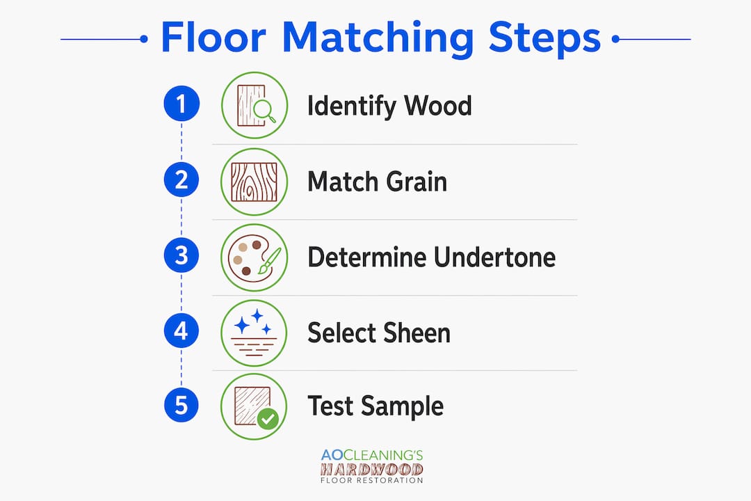 Infographic outlining hardwood floor color matching steps