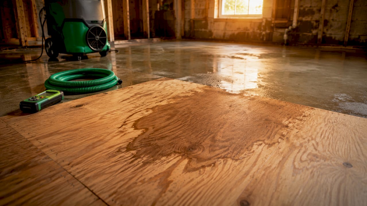 Close-up plywood subfloor with minimal water damage
