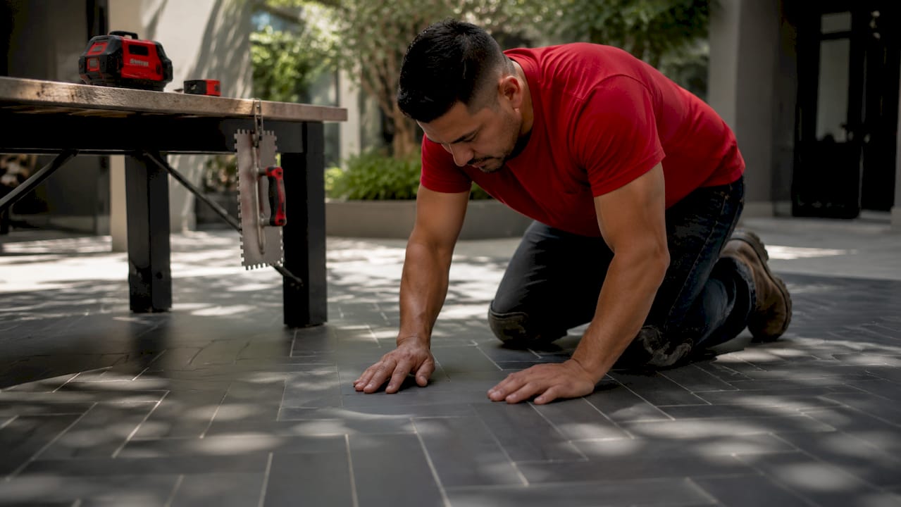 Installer examining porcelain tile durability indoors