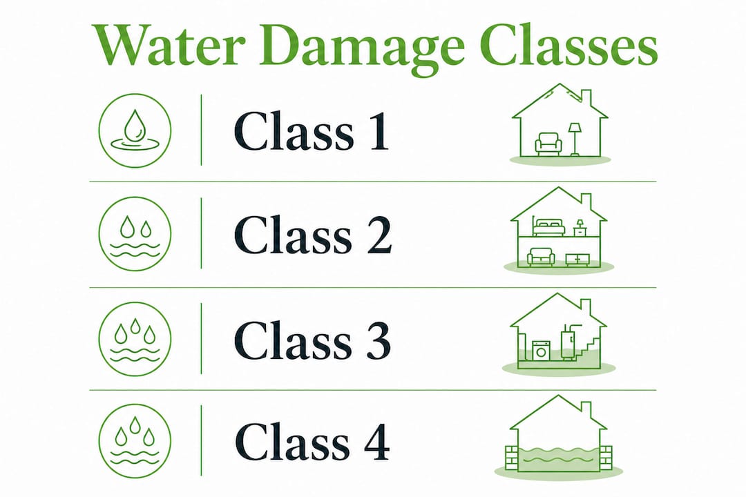 Infographic illustrating water damage classes 1 to 4