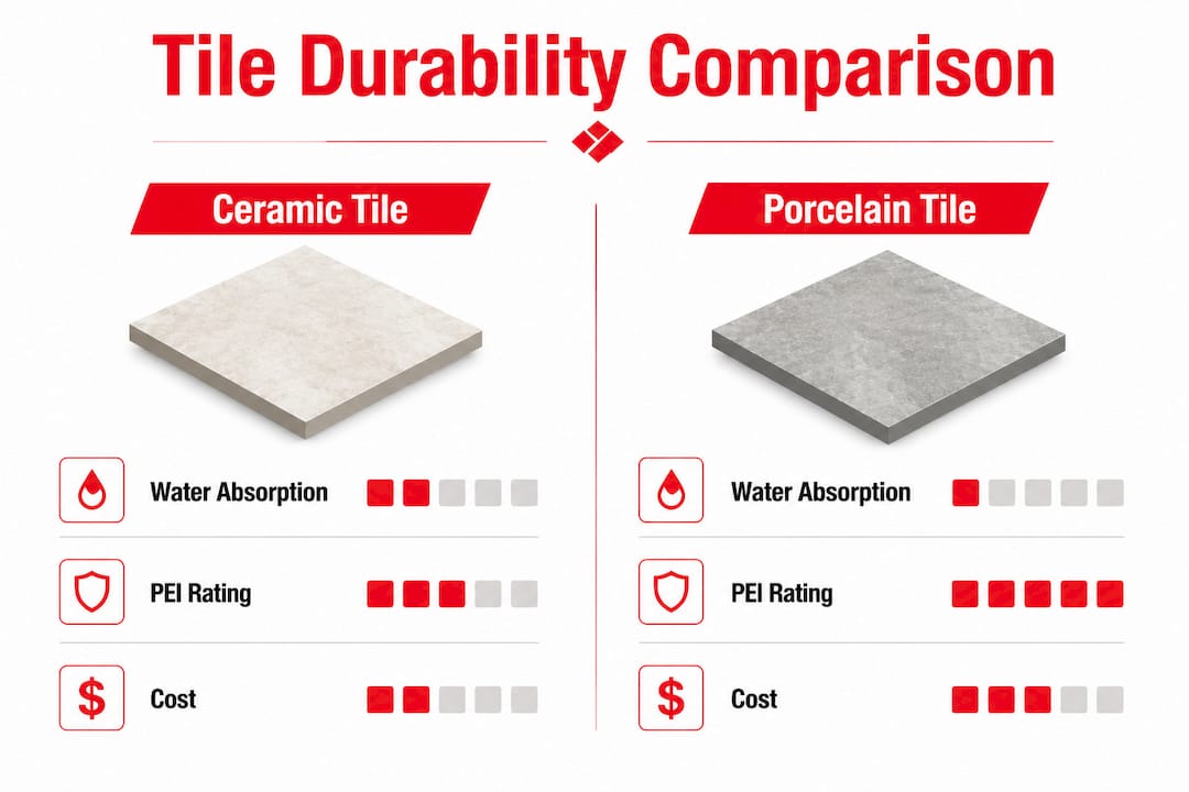 Infographic comparing ceramic and porcelain tile durability