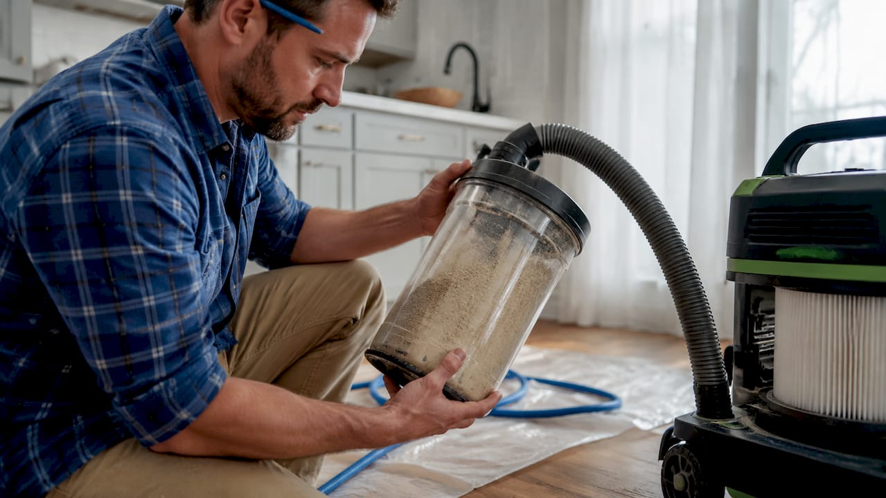 Contractor inspecting dust collection canister